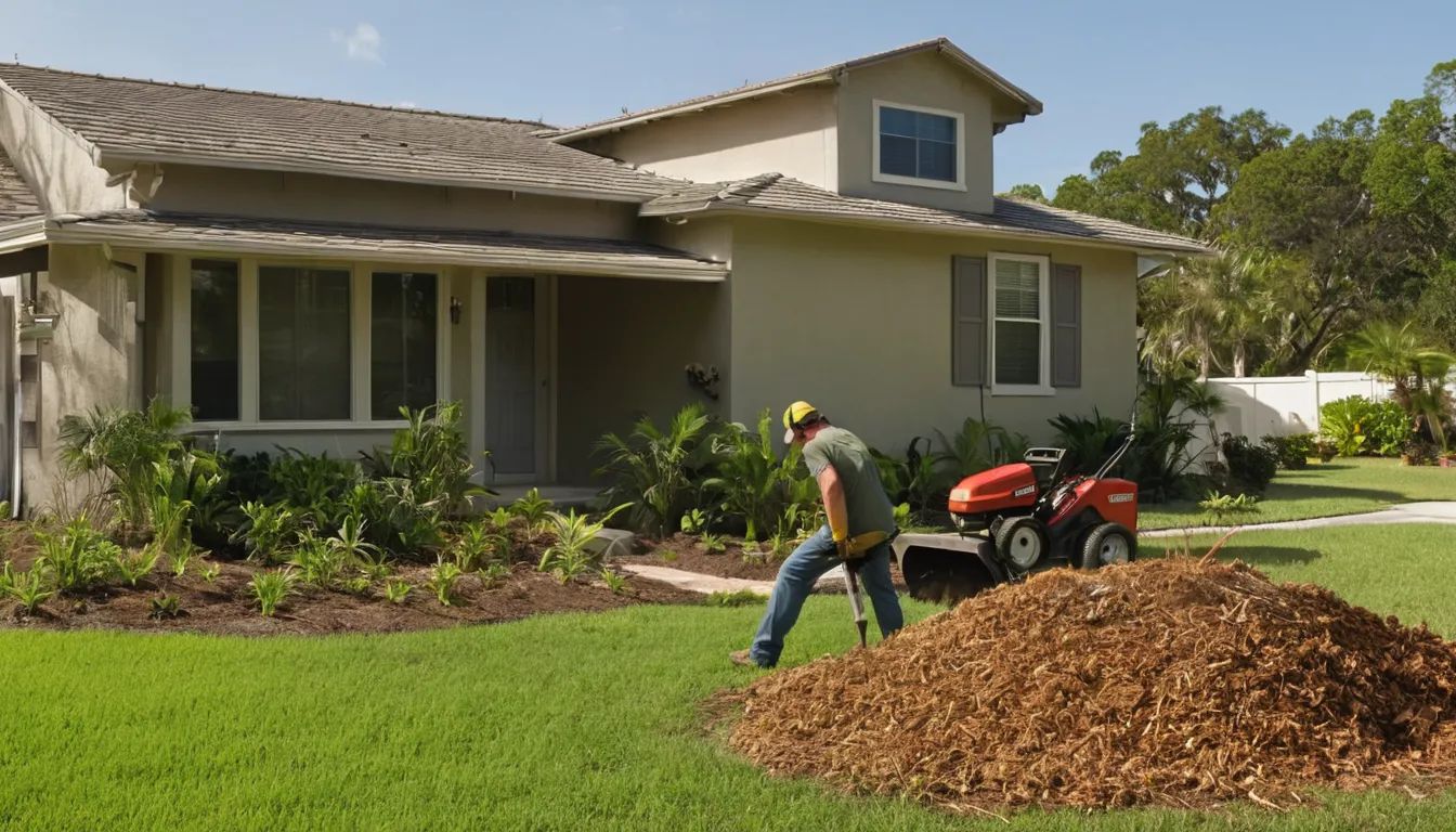 Provider grinding a tree stump in a Hollywood front yard while a homeowner watches from a safe distance